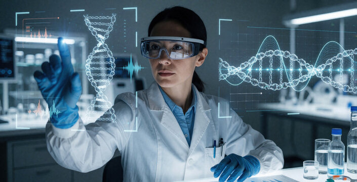 Scientist uses AR glasses for medical research, interacts with DNA projection in lab. Analyzes genetic data on futuristic interface, advancing science and healthcare.