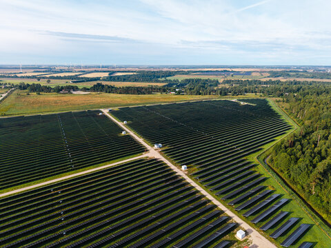 Aerial view of a large solar farm with rows of photovoltaic panels arranged in neat lines across a grassy field bordered by a dense forest in Targale, Ventspils Municipality, Latvia.