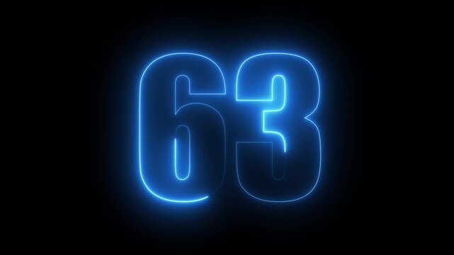 Glowing neon number 63 animation, blue light digital countdown sign, futuristic cyberpunk