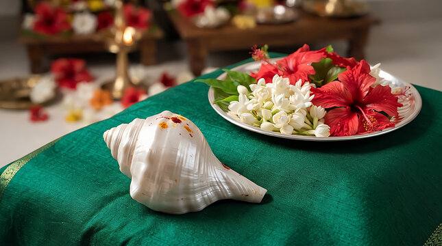 White conch shell and plate with flowers for traditional indian prayer ritual