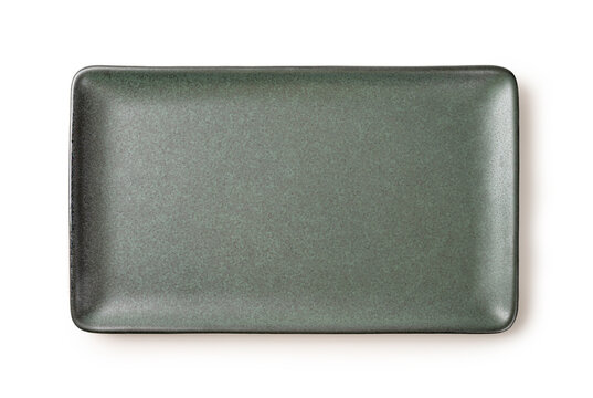 Top view of rectangular ceramic plate with textured dark green matte finish. Elegant tableware for professional food presentation, isolated on white background.