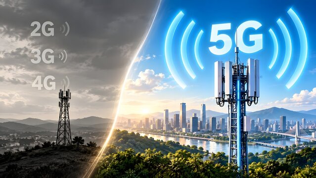 Mobile network evolution concept transitioning from grayscale past to bright 5G future city skyline