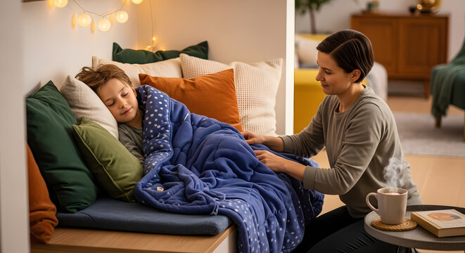 Mother tucking sleeping child in bed at home authentic moment