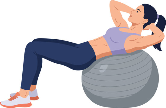 Athletic woman doing abdominal crunch exercise on stability ball