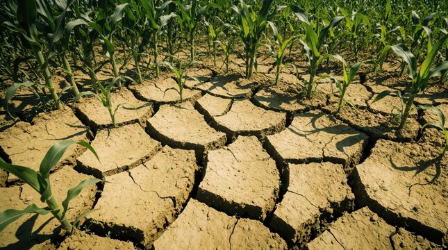 Dry cracked earth in corn field during heat wave. Small green corn plants grow in parched soil with deep cracks. Severe drought affects agriculture, crop growth in rural farm landscape. Climate