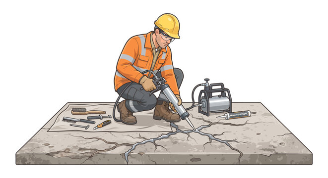 Construction worker repairing concrete cracks with injection gun vector illustration