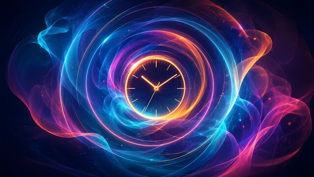 Abstract glowing clock face inside a swirling colorful vortex of neon light and smoke representing time travel or futuristic time management.