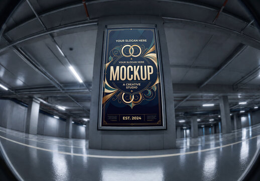 Billboard Parking Garage Fisheye Mockup
