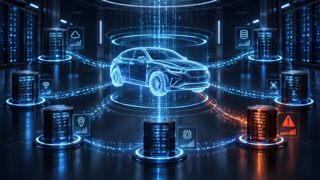 Futuristic 3D wireframe car model floating above a glowing server data center showing connected IoT vehicle technology and smart automotive systems.