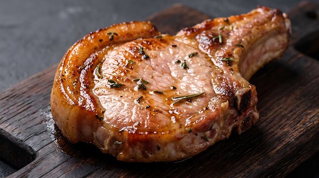 Grilled pork chop steak seasoned with herbs and sauce on a rustic dark wooden board. chuleta de cerdo