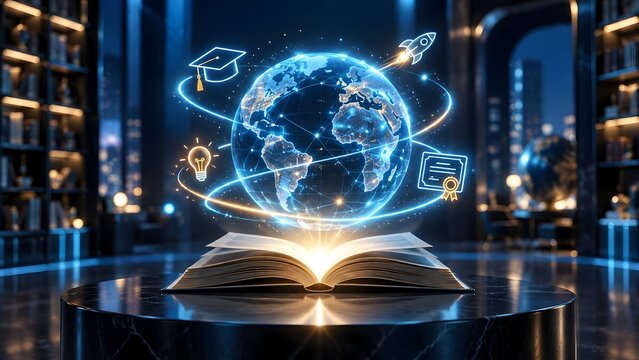 Open book with glowing digital globe graduation cap lightbulb and rocket icons representing global online education and academic success.