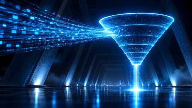 Glowing blue digital funnel filtering data particles in a futuristic corridor representing big data analytics and marketing conversion optimization.