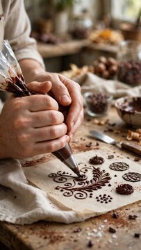 Chocolatier Piping Chocolate Styled Dessert Close Up Food Photography