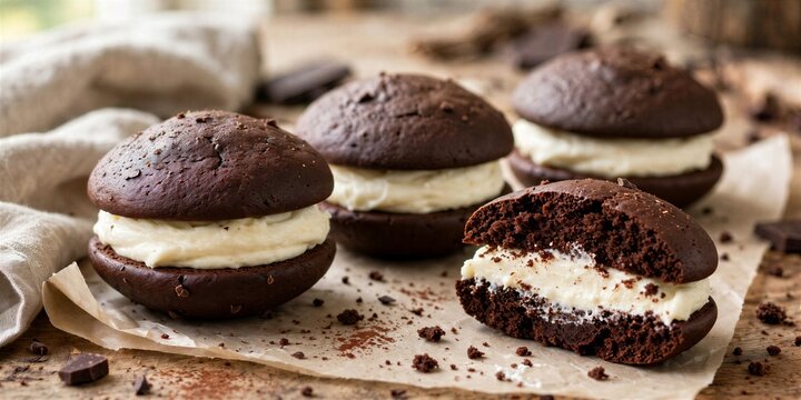 Chocolate Whoopie Pies Served on Styled Bakery Table Food Photography