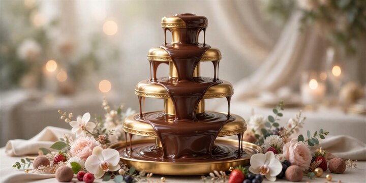 Golden Chocolate Fountain Styled With Artisan Cocoa Details Food Photography