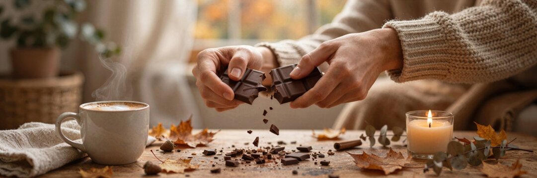 Hands Breaking Chocolate Styled With Artisan Cocoa Details Food Photography