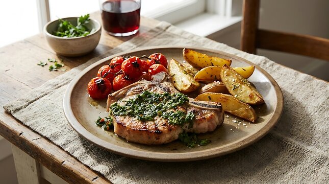 Grilled pork chop with fresh green herbs and roasted potatoes on a plate. chuleta de cerdo