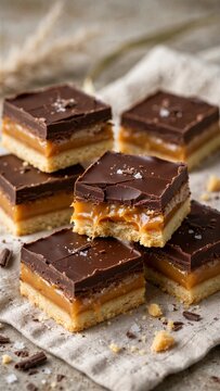 Millionaire Shortbread Layers Served on Styled Bakery Table Food Photography