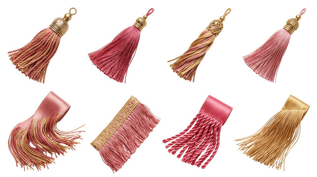 Assorted Pink and Gold Silk Tassels and Fringe Trim Ribbons Set for Fashion and Textile Trimming
