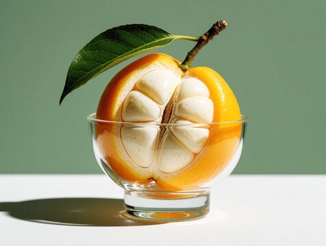 Halved santol fruit rests in glass bowl. Bright orange peel surrounds creamy white segments with one green leaf and stem attached. Studio shot with shadow.