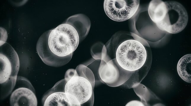 Monochrome abstract glowing circular shapes with textured surfaces glowing circles circular textures abstract spheres light orbs