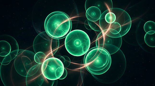 Abstract glowing green circles and light energy bokeh on dark background with abstract lights light spheres energy particles neon glow