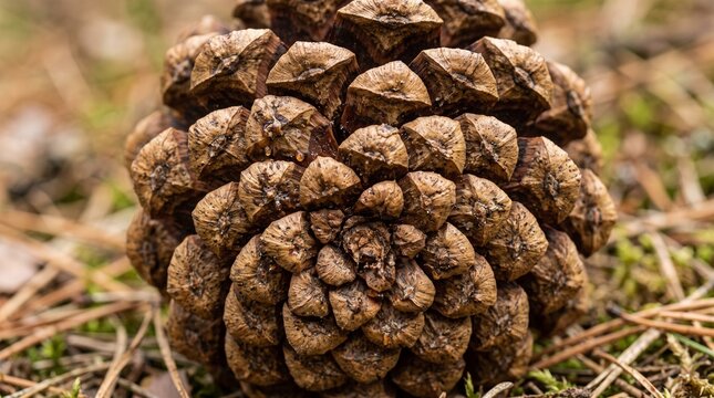 Macro close up of a natural pine cone on the forest floor showing detailed texture and pattern