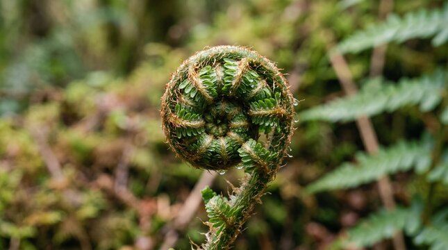 Macro shot of unfurling green fern fiddlehead spiral with morning dew in forest