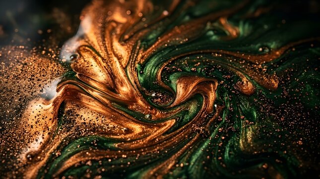Abstract swirl of metallic copper and dark green liquid paint with liquid marble swirl pattern abstract texture fluid art marble effec