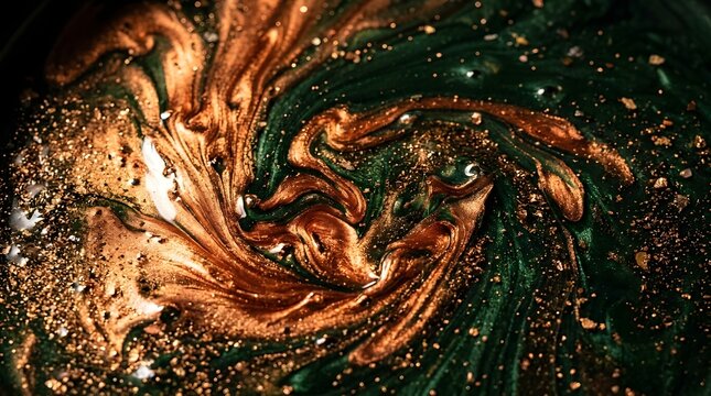 Close up artistic swirl of metallic bronze and deep emerald paint with liquid marble swirl pattern emerald green abstract texture