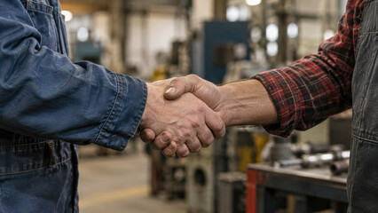 Fototapeta premium Two workers in a workshop or factory shake hands, symbolizing agreement or partnership.