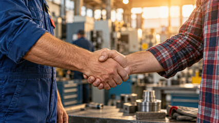 Fototapeta premium Two men in work attire shake hands in a workshop, symbolizing agreement or partnership amid industrial tools and equipment.