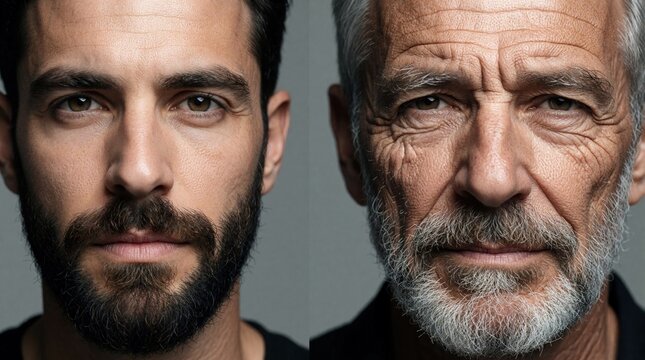 Split portrait shows caucasian man at different life stages. Young adult with dark beard, smooth skin compared to senior man with grey hair, wrinkles. Facial aging process transformation side by side