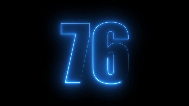 Neon blue glowing number 76 animation, digital countdown timer futuristic light effect