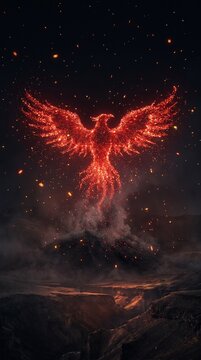 Fiery phoenix rises above a volcanic landscape in a dramatic illustration