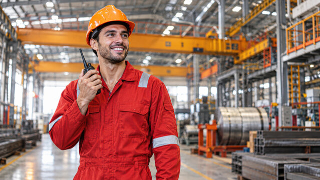 A smiling worker in an orange safety helmet and red coverall talks on a walkie-talkie inside a large industrial factory.