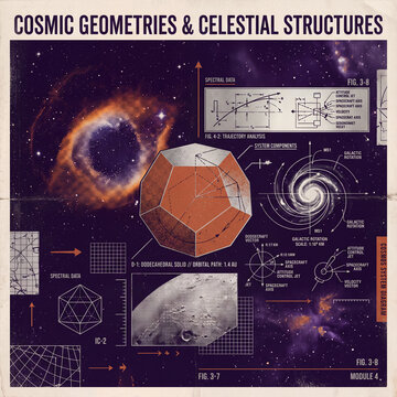 Vintage astronomical chart featuring geometric polyhedra and deep space nebulae