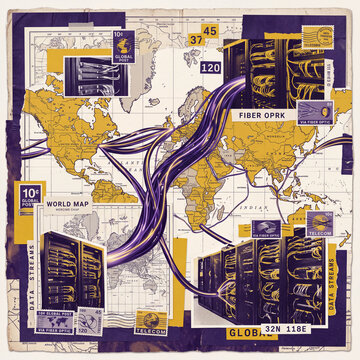 Vintage world map collage with glowing fiber optic cables and server racks
