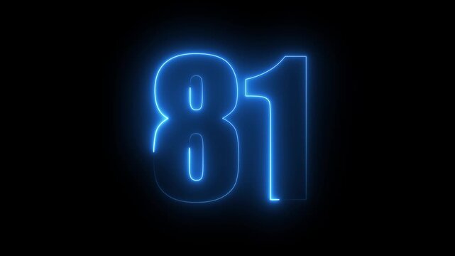 Glowing neon number 81 animation, blue electric light effect on black background
