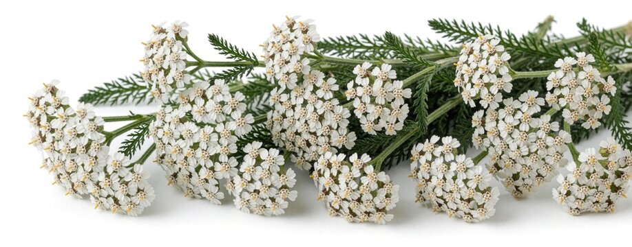 Group of fresh yarrow flowers arranged horizontally on white background. Delicate white blossoms and green fern like leaves with detailed petals. Natural plant for herbal remedies and wellness.