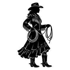 Obraz premium A high-contrast black and white silhouette graphic of a stylish cowgirl wearing a western hat, a fringed jacket, and a ruffled skirt, holding a coiled lasso rope.