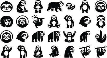 Fototapeta premium Collection of various cute sloth icons and character illustrations in a black and white hand drawn style isolated on transparent background