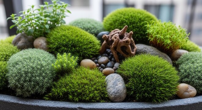 Vibrant Miniature Moss Garden With Natural Stones and Wood Accent