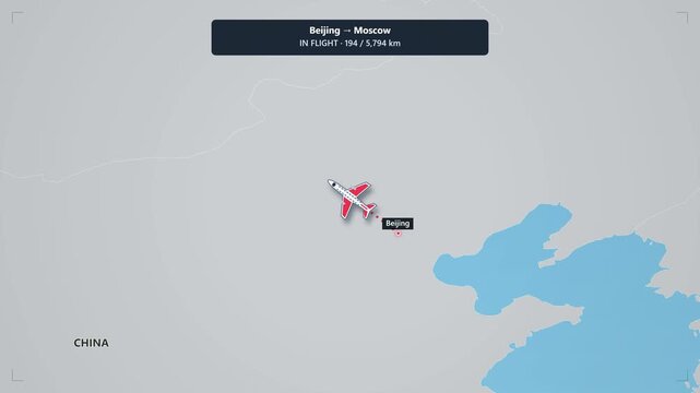 Animated flight route map from beijing to moscow: airplane tracking across asia and russia with distance counter and destination marker