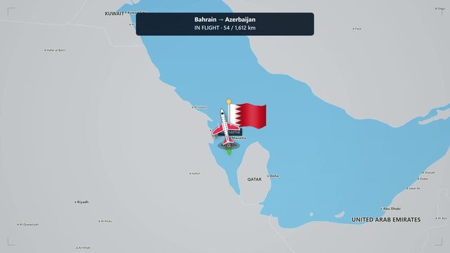 Animated flight route map from bahrain to azerbaijan with airplane tracking, distance counter, and national flags