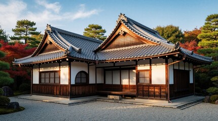 Fototapeta premium Traditional Japanese house with unique roof design sits in serene garden. Wooden structure features tatami mats and shoji screens, evoking zen tranquility. Autumn leaves surround peaceful retreat.