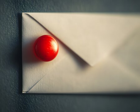 White envelope pinned to textured wall by red push pin