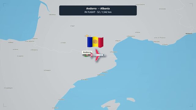 Animated flight route map from andorra to albania: satellite navigation tracking airplane traveling across europe over spain and italy with distance counter and country flags