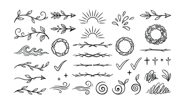 Collection of hand drawn decorative elements including arrows leaves wreaths and symbols