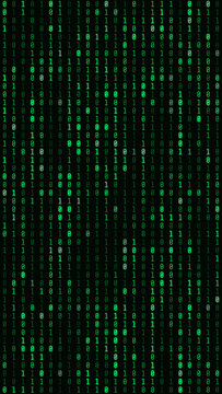 Green binary code falling on black background for matrix technology and cybersecurity concept